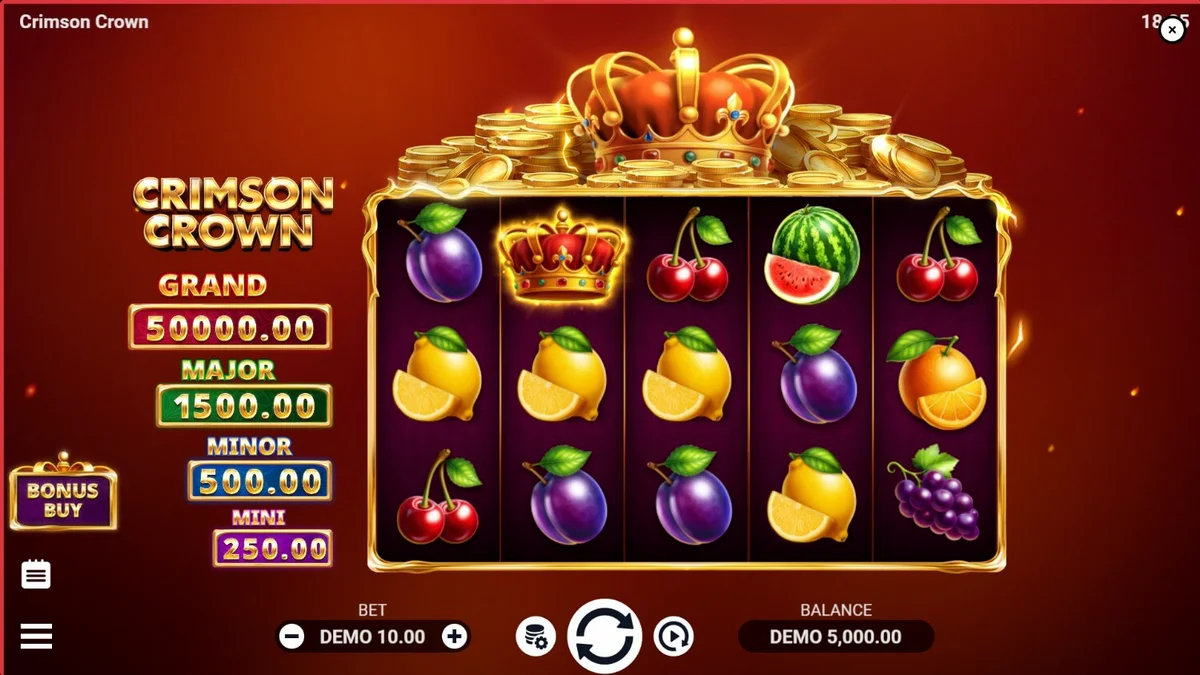 Tampilan visual slot Crimson Crown dengan tema buah dan mahkota emas yang mewah
